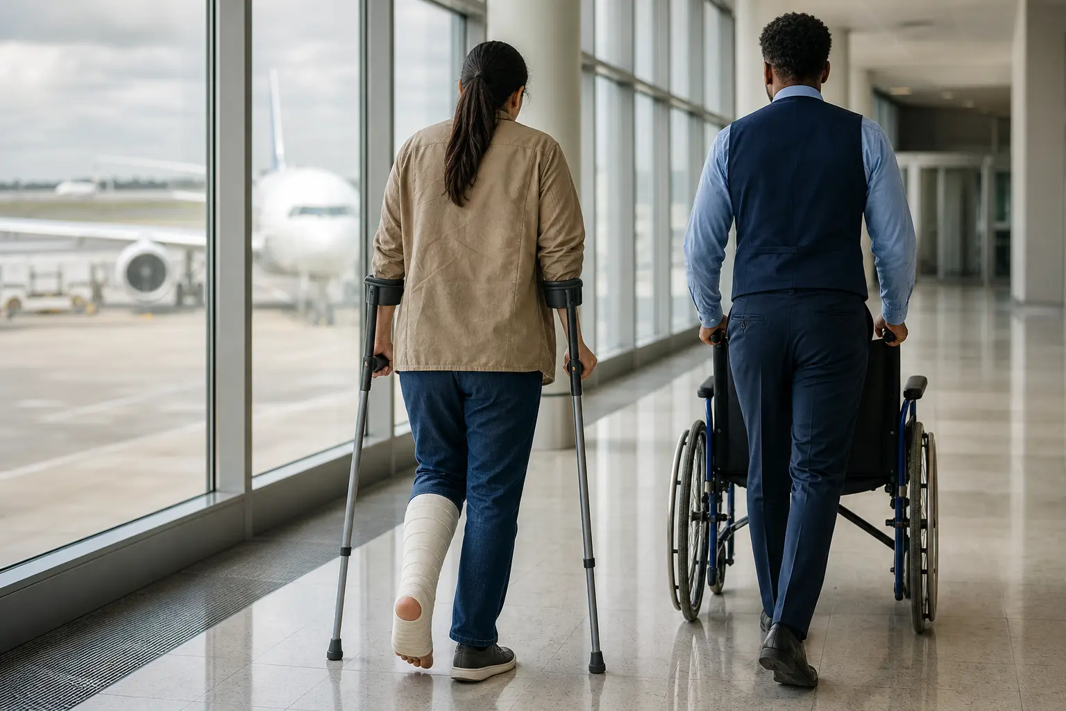 Prendre l'avion avec un plâtre ou des béquilles : délai, certificat, assistance et placement